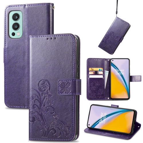 

For OnePlus Nord 2 5G Four-leaf Clasp Embossed Buckle Mobile Phone Protection Leather Case with Lanyard & Card Slot & Wallet & Bracket Function(Purple)