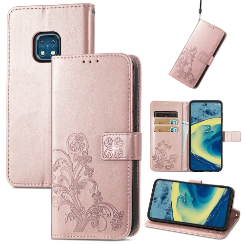 

For Nokia XR 20 Four-leaf Clasp Embossed Buckle Mobile Phone Protection Leather Case with Lanyard & Card Slot & Wallet & Bracket Function(Rose Gold)