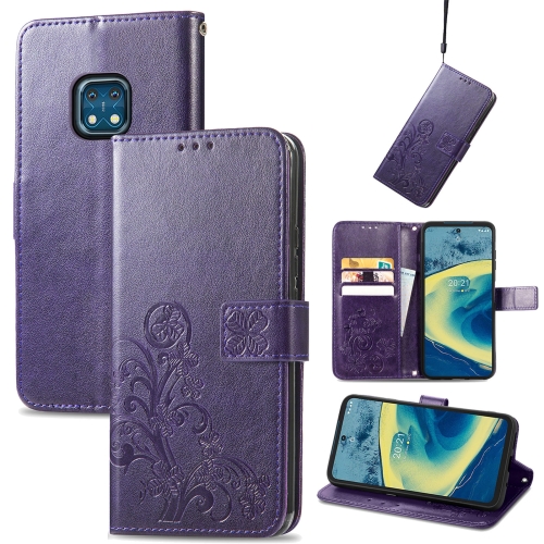 

For Nokia XR 20 Four-leaf Clasp Embossed Buckle Mobile Phone Protection Leather Case with Lanyard & Card Slot & Wallet & Bracket Function(Purple)