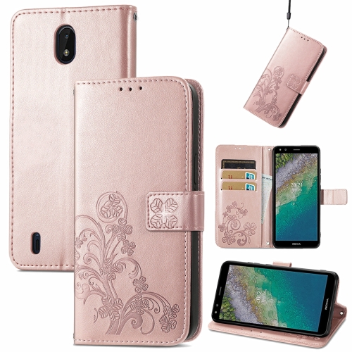 

For Nokia C01 Plus Four-leaf Clasp Embossed Buckle Mobile Phone Protection Leather Case with Lanyard & Card Slot & Wallet & Bracket Function(Rose Gold)