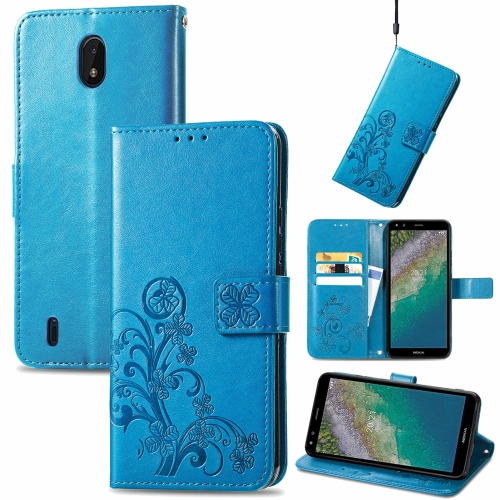 

For Nokia C01 Plus Four-leaf Clasp Embossed Buckle Mobile Phone Protection Leather Case with Lanyard & Card Slot & Wallet & Bracket Function(Blue)