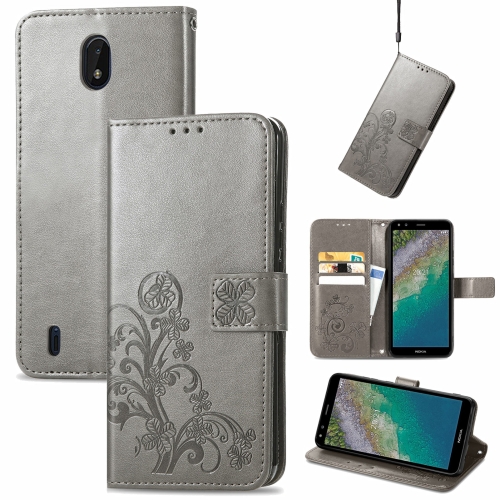 

For Nokia C01 Plus Four-leaf Clasp Embossed Buckle Mobile Phone Protection Leather Case with Lanyard & Card Slot & Wallet & Bracket Function(Grey)