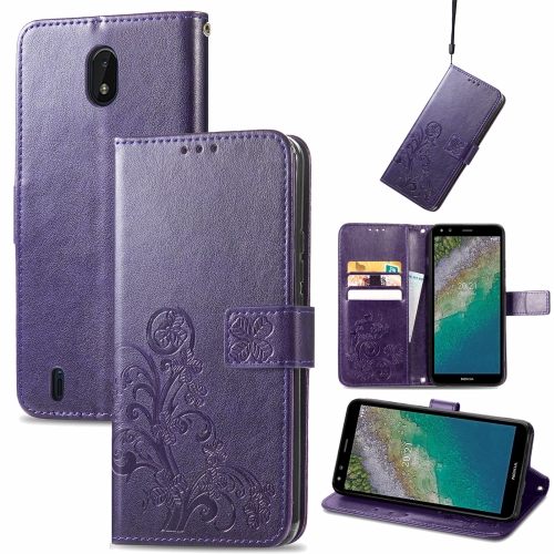 

For Nokia C01 Plus Four-leaf Clasp Embossed Buckle Mobile Phone Protection Leather Case with Lanyard & Card Slot & Wallet & Bracket Function(Purple)