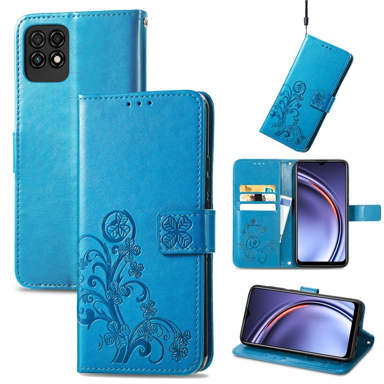 

For Huawei Maimang 10 SE Four-leaf Clasp Embossed Buckle Mobile Phone Protection Leather Case with Lanyard & Card Slot & Wallet & Bracket Function(Blue)