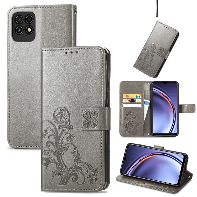 

For Huawei Maimang 10 SE Four-leaf Clasp Embossed Buckle Mobile Phone Protection Leather Case with Lanyard & Card Slot & Wallet & Bracket Function(Grey)