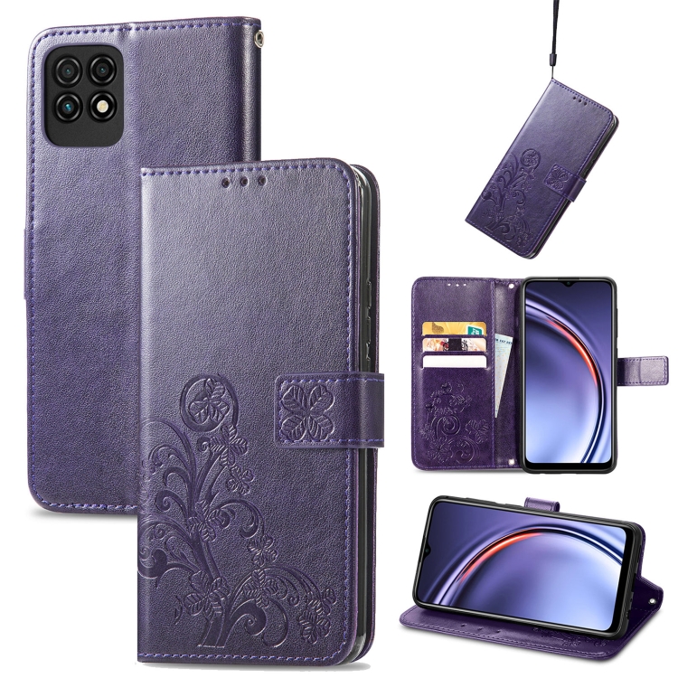

For Huawei Maimang 10 SE Four-leaf Clasp Embossed Buckle Mobile Phone Protection Leather Case with Lanyard & Card Slot & Wallet & Bracket Function(Purple)