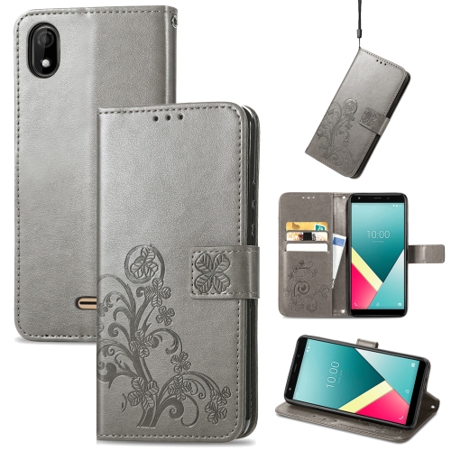 

For Wiko Y61 Four-leaf Clasp Embossed Buckle Mobile Phone Protection Leather Case with Lanyard & Card Slot & Wallet & Bracket Function(Grey)