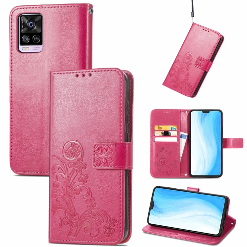 

For vivo S7 Four-leaf Clasp Embossed Buckle Mobile Phone Protection Leather Case with Lanyard & Card Slot & Wallet & Bracket Function(Magenta)