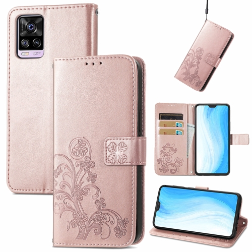 

For vivo S7 Four-leaf Clasp Embossed Buckle Mobile Phone Protection Leather Case with Lanyard & Card Slot & Wallet & Bracket Function(Rose Gold)