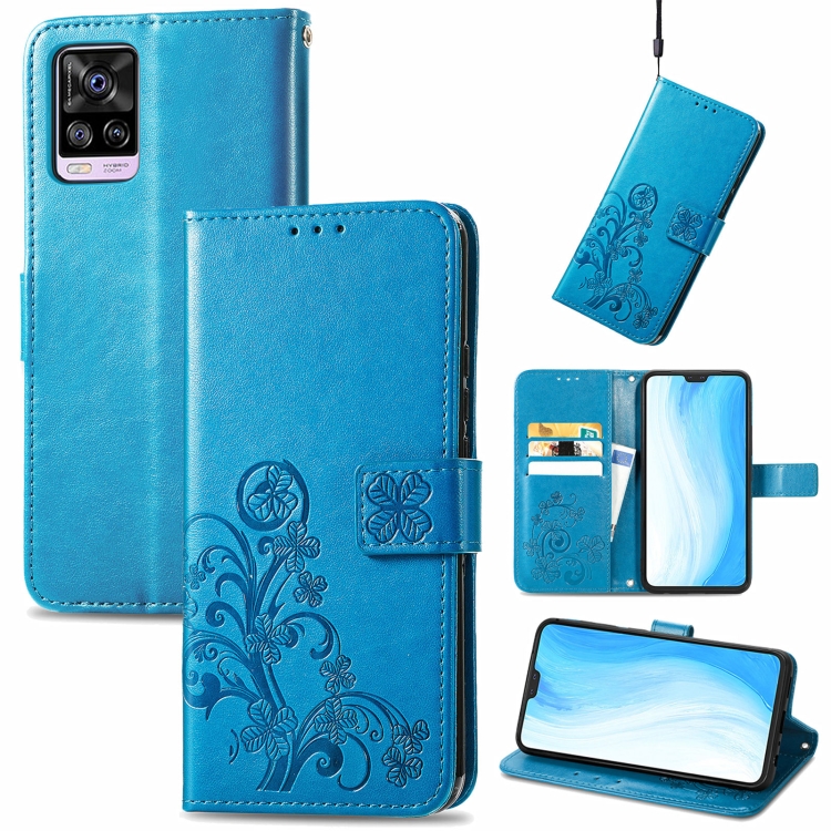 

For vivo S7 Four-leaf Clasp Embossed Buckle Mobile Phone Protection Leather Case with Lanyard & Card Slot & Wallet & Bracket Function(Blue)