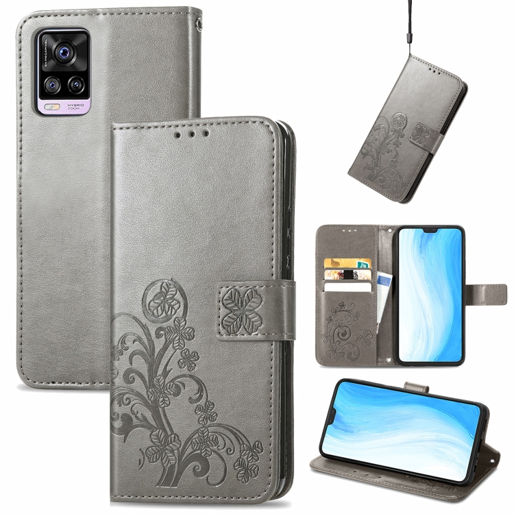 

For vivo S7 Four-leaf Clasp Embossed Buckle Mobile Phone Protection Leather Case with Lanyard & Card Slot & Wallet & Bracket Function(Grey)