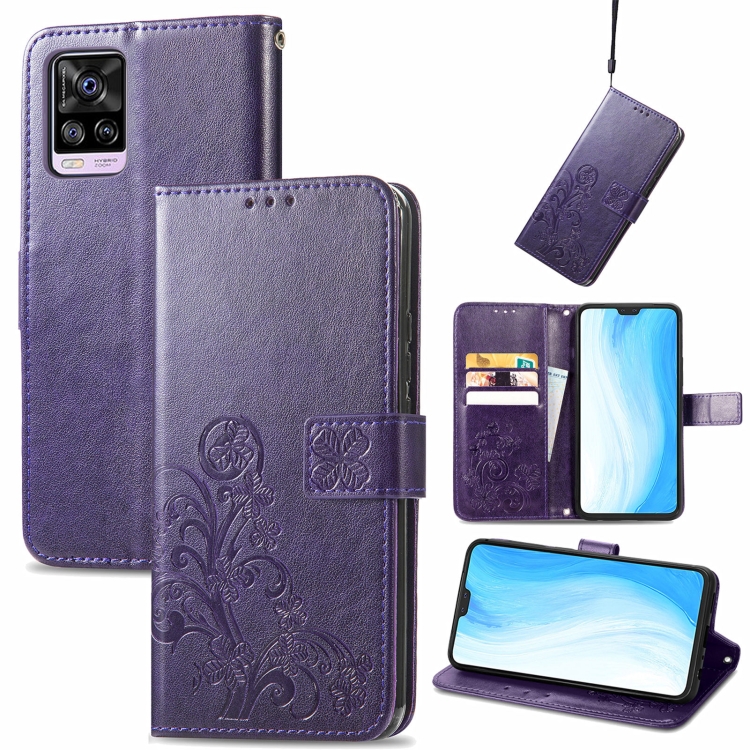 

For vivo S7 Four-leaf Clasp Embossed Buckle Mobile Phone Protection Leather Case with Lanyard & Card Slot & Wallet & Bracket Function(Purple)