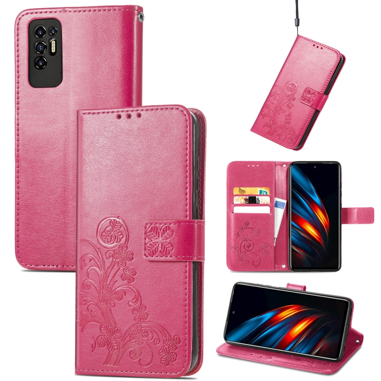 

For Tecno Pova 2 Four-leaf Clasp Embossed Buckle Mobile Phone Protection Leather Case with Lanyard & Card Slot & Wallet & Bracket Function(Magenta)