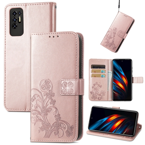 

For Tecno Pova 2 Four-leaf Clasp Embossed Buckle Mobile Phone Protection Leather Case with Lanyard & Card Slot & Wallet & Bracket Function(Rose Gold)