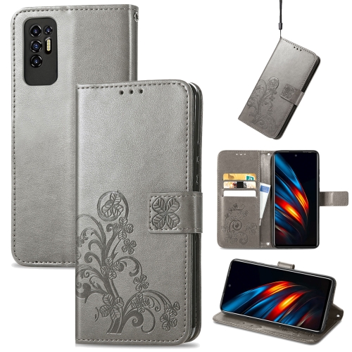 

For Tecno Pova 2 Four-leaf Clasp Embossed Buckle Mobile Phone Protection Leather Case with Lanyard & Card Slot & Wallet & Bracket Function(Grey)