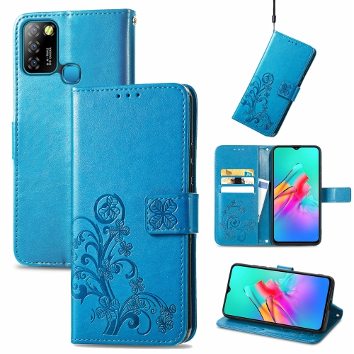 

For Infinix Smart 5 Four-leaf Clasp Embossed Buckle Mobile Phone Protection Leather Case with Lanyard & Card Slot & Wallet & Bracket Function(Blue)