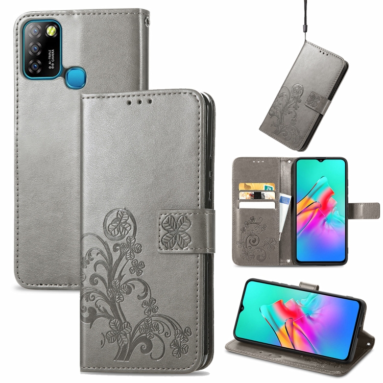 

For Infinix Smart 5 Four-leaf Clasp Embossed Buckle Mobile Phone Protection Leather Case with Lanyard & Card Slot & Wallet & Bracket Function(Grey)