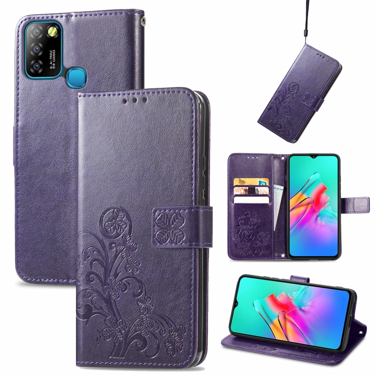 

For Infinix Smart 5 Four-leaf Clasp Embossed Buckle Mobile Phone Protection Leather Case with Lanyard & Card Slot & Wallet & Bracket Function(Purple)