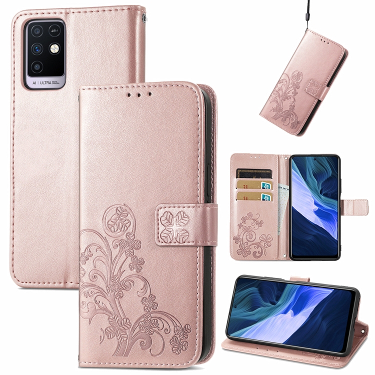 

For Infinix Note 10 Four-leaf Clasp Embossed Buckle Mobile Phone Protection Leather Case with Lanyard & Card Slot & Wallet & Bracket Function(Rose Gold)