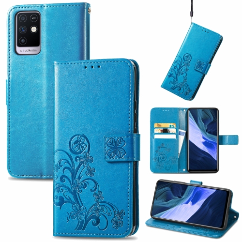 

For Infinix Note 10 Four-leaf Clasp Embossed Buckle Mobile Phone Protection Leather Case with Lanyard & Card Slot & Wallet & Bracket Function(Blue)