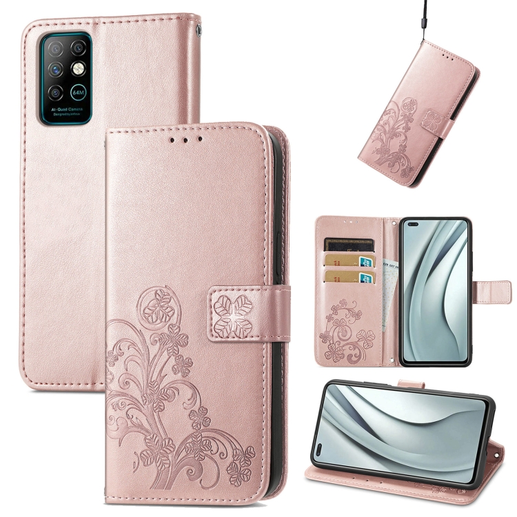 

For Infinix Note 8 Four-leaf Clasp Embossed Buckle Mobile Phone Protection Leather Case with Lanyard & Card Slot & Wallet & Bracket Function(Rose Gold)
