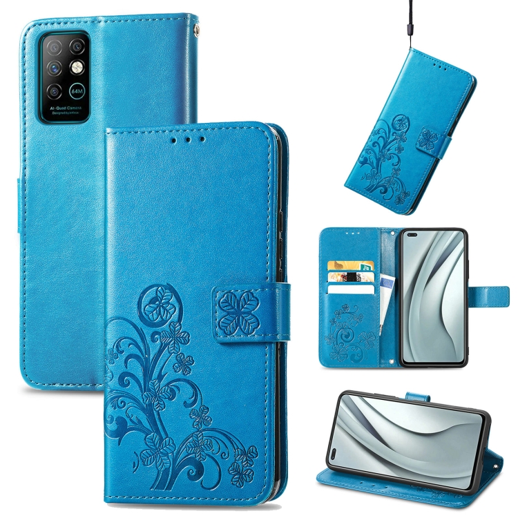 

For Infinix Note 8 Four-leaf Clasp Embossed Buckle Mobile Phone Protection Leather Case with Lanyard & Card Slot & Wallet & Bracket Function(Blue)