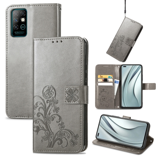 

For Infinix Note 8 Four-leaf Clasp Embossed Buckle Mobile Phone Protection Leather Case with Lanyard & Card Slot & Wallet & Bracket Function(Grey)