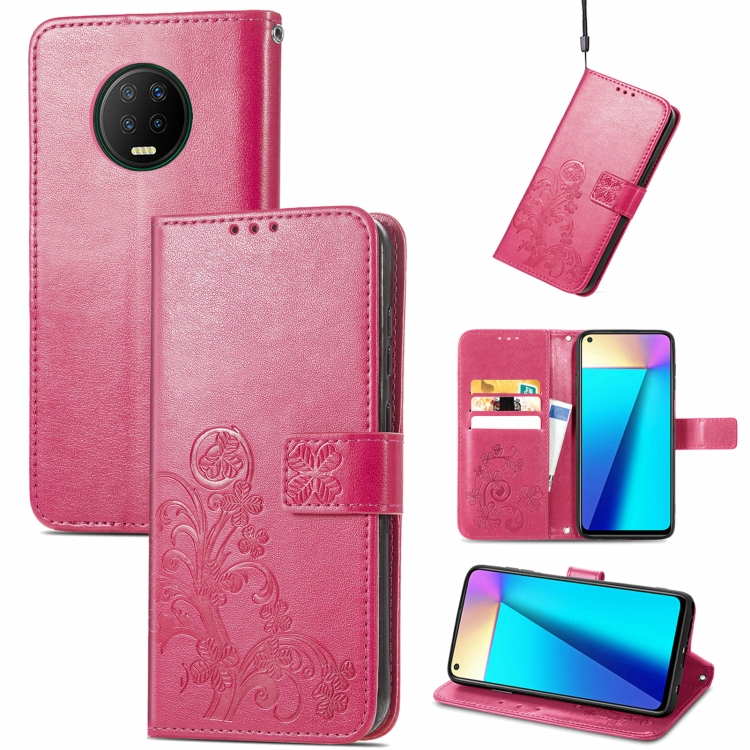 

For Infinix Note 7 Four-leaf Clasp Embossed Buckle Mobile Phone Protection Leather Case with Lanyard & Card Slot & Wallet & Bracket Function(Magenta)