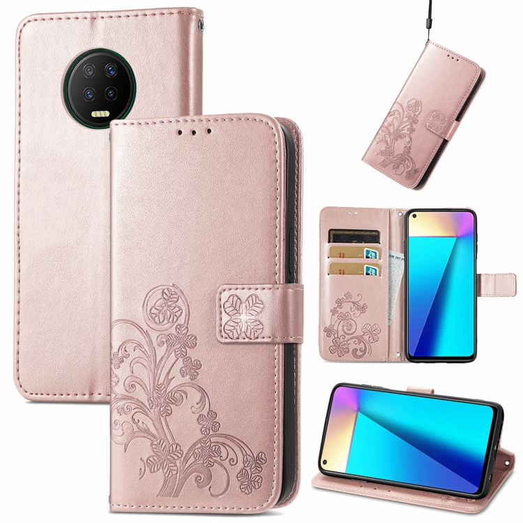 

For Infinix Note 7 Four-leaf Clasp Embossed Buckle Mobile Phone Protection Leather Case with Lanyard & Card Slot & Wallet & Bracket Function(Rose Gold)