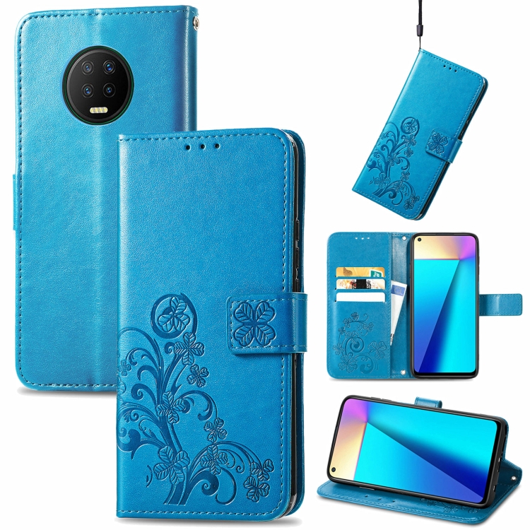 

For Infinix Note 7 Four-leaf Clasp Embossed Buckle Mobile Phone Protection Leather Case with Lanyard & Card Slot & Wallet & Bracket Function(Blue)