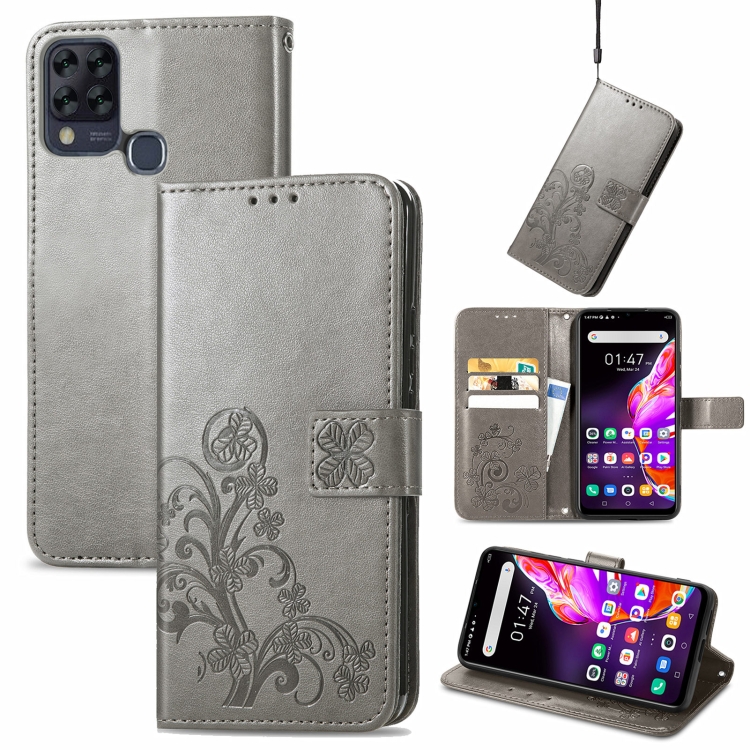 

For Infinix HOT 10T Four-leaf Clasp Embossed Buckle Mobile Phone Protection Leather Case with Lanyard & Card Slot & Wallet & Bracket Function(Grey)