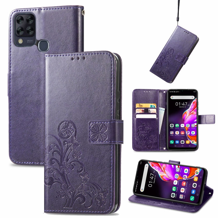 

For Infinix HOT 10T Four-leaf Clasp Embossed Buckle Mobile Phone Protection Leather Case with Lanyard & Card Slot & Wallet & Bracket Function(Purple)