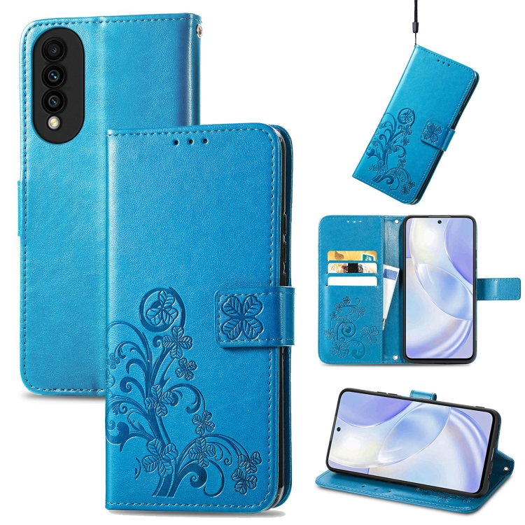 

For Huawei nova 8 SE Youth Four-leaf Clasp Embossed Buckle Mobile Phone Protection Leather Case with Lanyard & Card Slot & Wallet & Bracket Function(Blue)