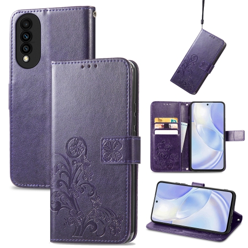 

For Huawei nova 8 SE Youth Four-leaf Clasp Embossed Buckle Mobile Phone Protection Leather Case with Lanyard & Card Slot & Wallet & Bracket Function(Purple)