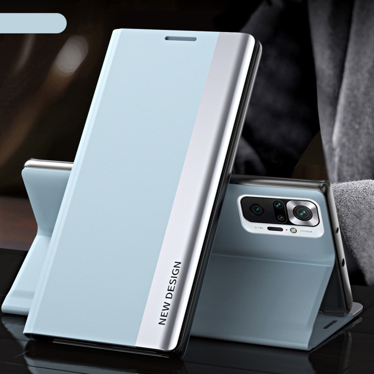 

For Xiaomi Redmi Note10 4G / Note 10S Side Electroplated Magnetic Ultra-Thin Horizontal Flip Leather Case with Holder(Light Blue)