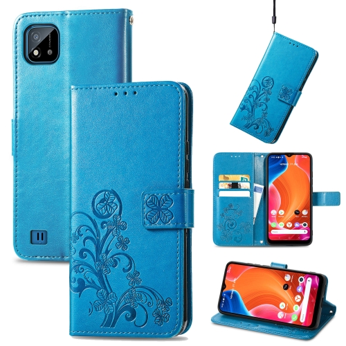 

For OPPO Realme C20 Four-leaf Clasp Embossed Buckle Mobile Phone Protection Leather Case with Lanyard & Card Slot & Wallet & Bracket Function(Blue)