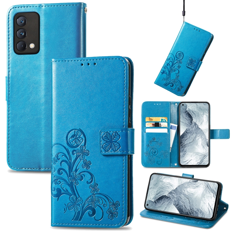 

For OPPO Realme GT Master Four-leaf Clasp Embossed Buckle Mobile Phone Protection Leather Case with Lanyard & Card Slot & Wallet & Bracket Function(Blue)
