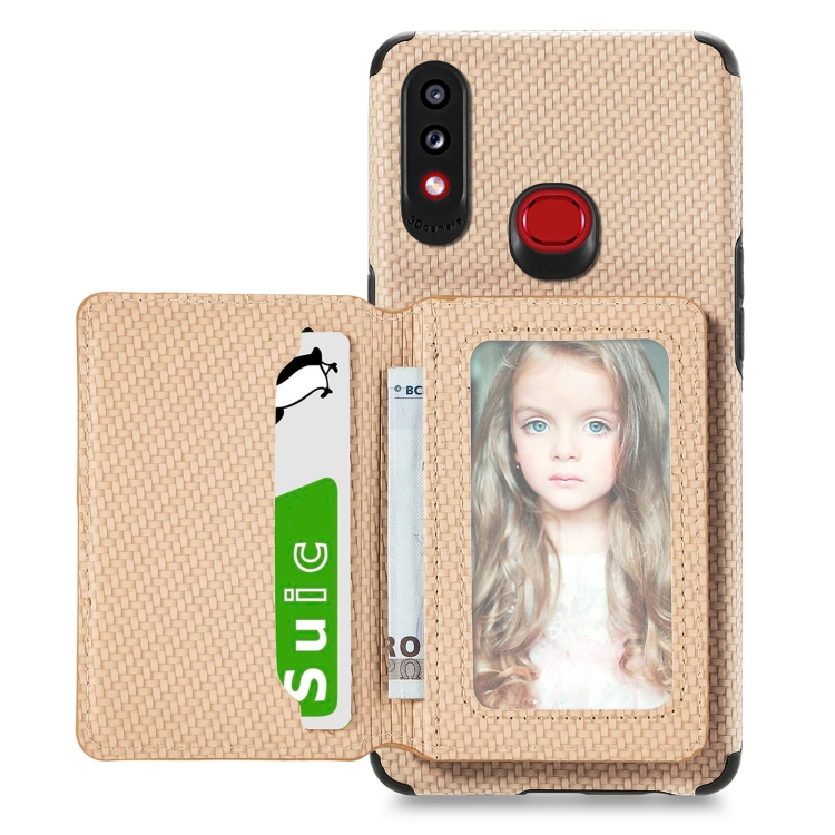 

For Samsung Galaxy A10S Carbon Fiber Magnetic Card Bag TPU+PU Shockproof Back Cover Case with Holder & Card Slot & Photo Frame(Khaki)