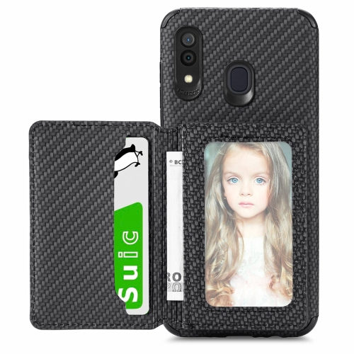 

For Samsung Galaxy A30/A20 Carbon Fiber Magnetic Card Bag TPU+PU Shockproof Back Cover Case with Holder & Card Slot & Photo Frame(Black)