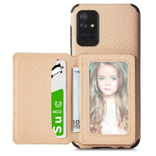 

For Samsung Galaxy A71 5G Carbon Fiber Magnetic Card Bag TPU+PU Shockproof Back Cover Case with Holder & Card Slot & Photo Frame(Khaki)