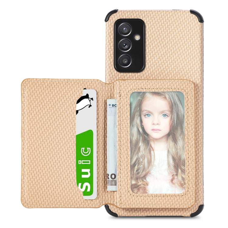 

For Samsung Galaxy A82 5G Carbon Fiber Magnetic Card Bag TPU+PU Shockproof Back Cover Case with Holder & Card Slot & Photo Frame(Khaki)