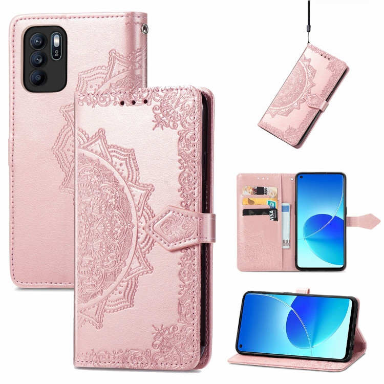 

For OPPO Reno6 Z Mandala Embossing Pattern Horizontal Flip Leather Case with Holder & Card Slots & Wallet & Lanyard(Rose Gold)