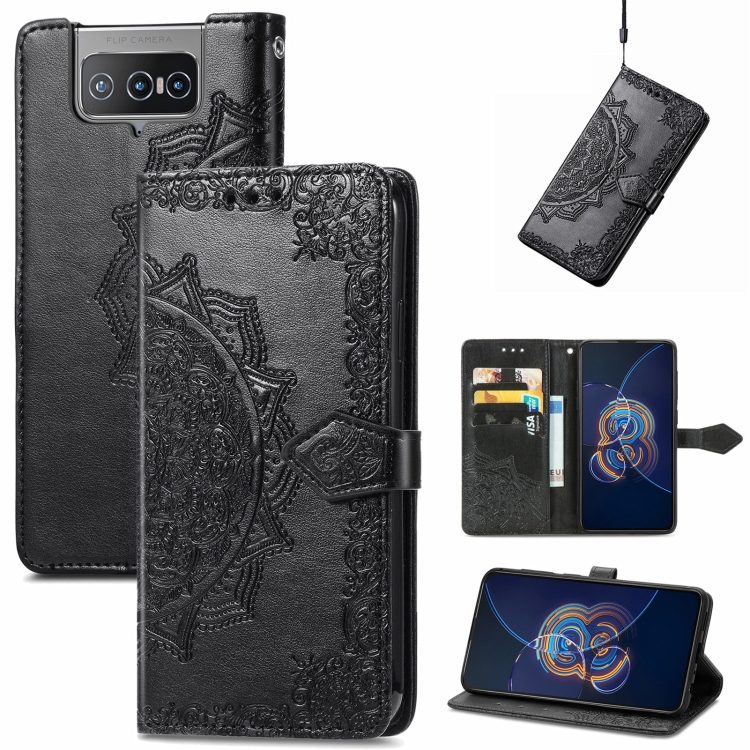 

For Asus Zenfone 8 Flip Mandala Embossing Pattern Horizontal Flip Leather Case with Holder & Card Slots & Wallet & Lanyard(Black)