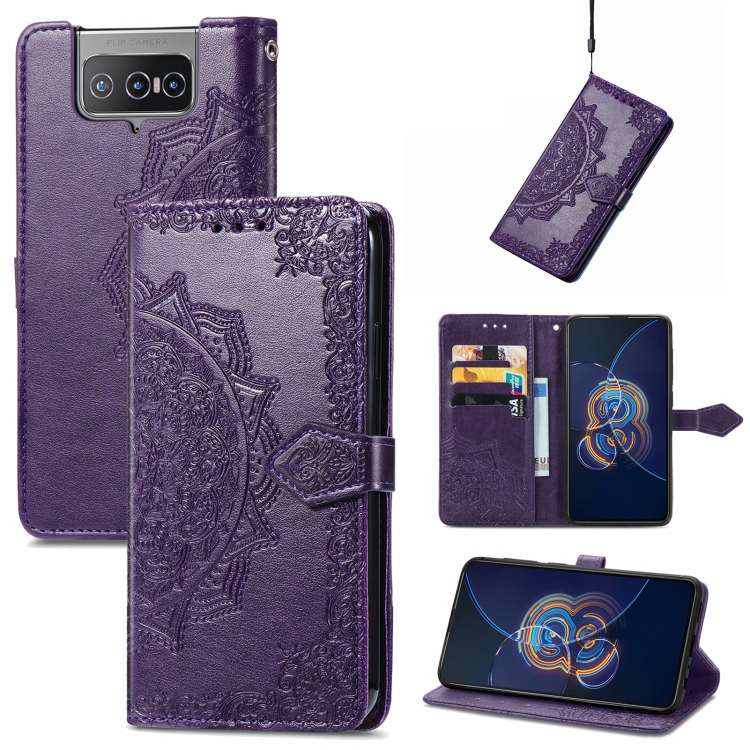 

For Asus Zenfone 8 Flip Mandala Embossing Pattern Horizontal Flip Leather Case with Holder & Card Slots & Wallet & Lanyard(Purple)