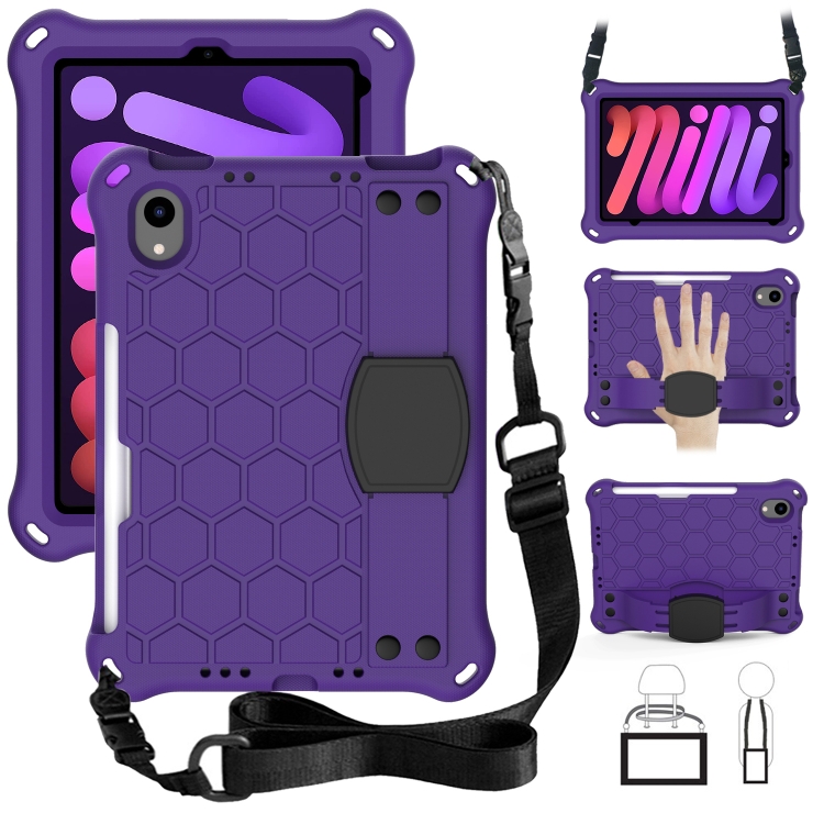 

Honeycomb Design EVA + PC Material Four Corner Anti Falling Flat Protective Shell With Strap For iPad mini 6 2021(Purple+Black)