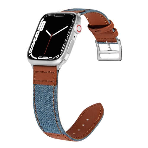 

Denim Fit Leather Replacement Watch Strap For Apple Watch Series 7 41mm / 6&SE&5&4 40mm / 3&2&1 38mm(Light Blue+Brown)