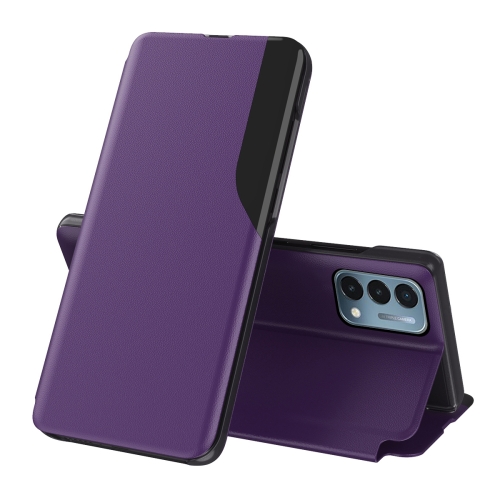 

For OnePlus Nord N200 5G Side Display Magnetic Shockproof Horizontal Flip Leather Case with Holder(Purple)