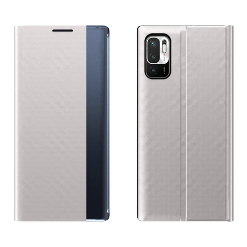 

For Xiaomi Redmi Note 10 5G / Poco M3 Pro Side Window Display Magnetic Suction Plain Grain Flip PU Leather + PC Case with Holder(Silver)