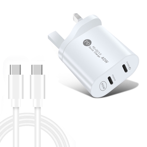 

002 40W PD3.0 Dual Port USB-C / Type-C Charger with Type-C to Type-C Data Cable, UK Plug(White)