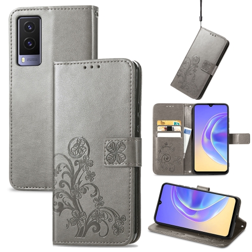 

For vivo V21e 5G Four-leaf Clasp Embossed Leather Case with Lanyard & Card Slot & Wallet & Holder(Grey)